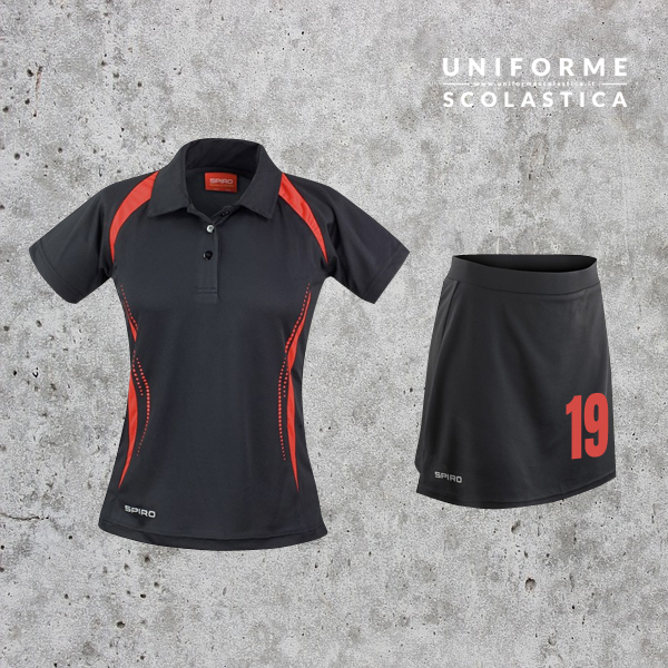 Divisa Hockey su prato Nero e Rosso - Divisa Hockey su prato Nero e rosso. Questa divisa Hockey è composta da gonna pantalone + polo ad alte prestazioni. Possibile ricamo e/o stampa trasferibile.